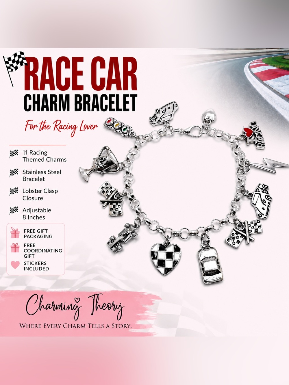 Race Car Charm Bracelet, Racing Jewelry, Checkered Flag Bracelet, Motorsport Gif